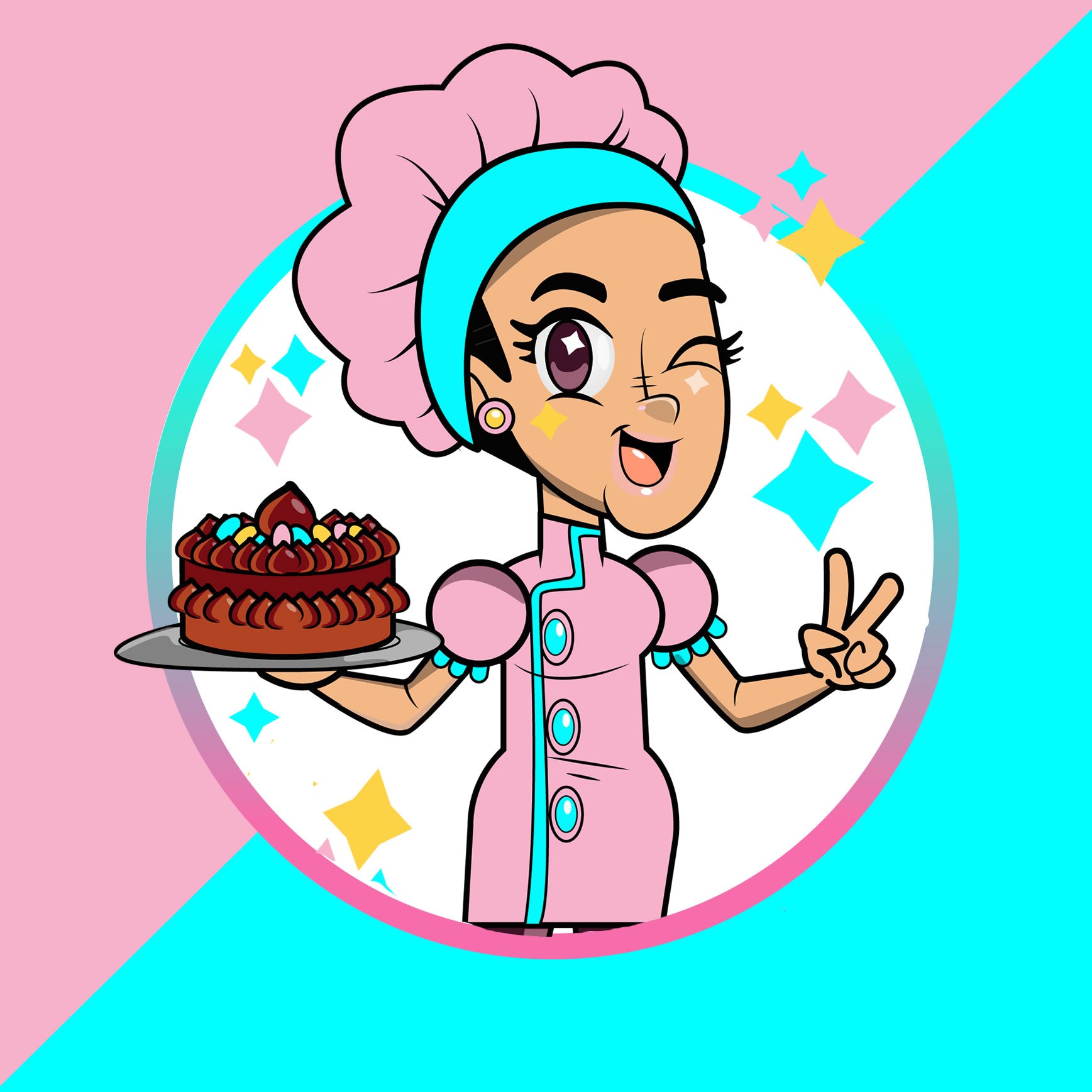 Illustration of a baker holding a cake.